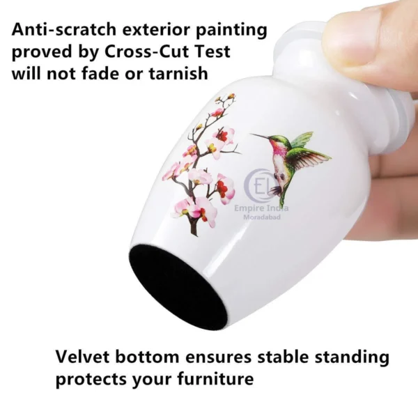 White Aluminum Keepsake Urn with Hummingbird & Cherry Blossoms – Nature-Inspired Tribute | Empire India Moradabad Manufacturer | Exporter | Supplier - Image 4