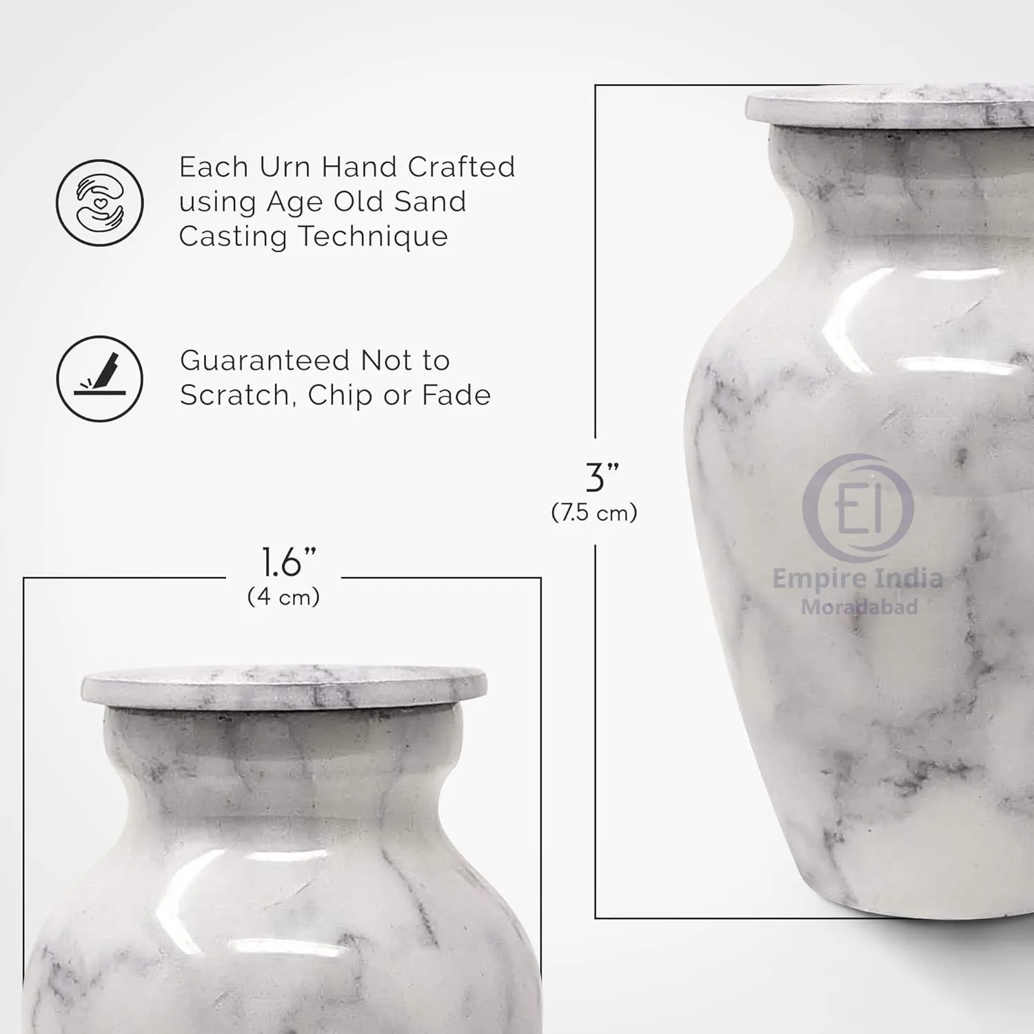 White Marble Look Aluminum Keepsake Urn – Painted Finish | Empire India Manufacturer | Exporter | Supplier | Moradabad, India - Image 2