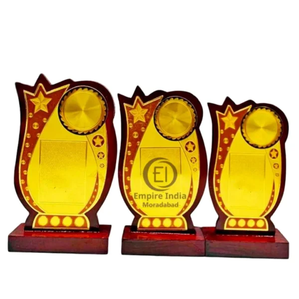 Golden Star Curve Wooden MDF Trophy Set of 3 Mementos | Awards | Shields – Manufacturer & Exporter | Empire India, Moradabad