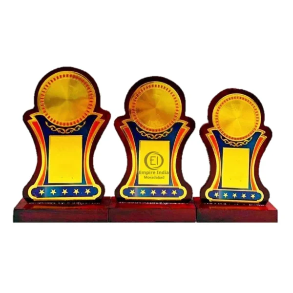 Wooden MDF Trophy Set of 3 – Star Base with Blue & Gold Foil Design | Memento | Award Trophy – Empire India, Moradabad (Manufacturer, Exporter, Supplier)