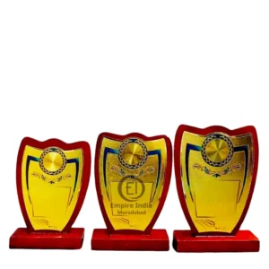 Shield Shape Wooden MDF Trophy Set of 3 with Gold Foil & Laurel Design | Memento | Award Plaque – Empire India, Moradabad (Manufacturer, Exporter, Supplier)