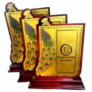 Peacock Design MDF Wooden Trophy Set of 3 | Elegant Gold Finish Award for Cultural & Academic Events – Empire India, Moradabad (Manufacturer & Exporter)