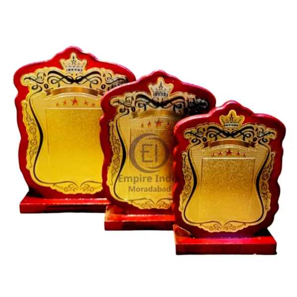 Crown Crest Wooden Trophy Set of 3 | Royal Gold Finish Award Plaques – Empire India, Moradabad (Manufacturer & Exporter)