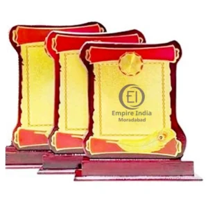 Scroll Design Gold Trophy Set of 3 | Artistic Wooden Awards with Feather Motif – Empire India, Moradabad (Manufacturer & Exporter)
