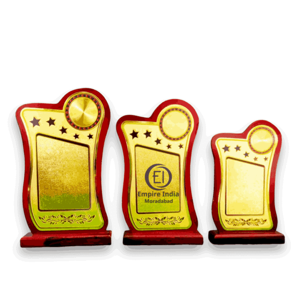 Star Curve Trophy Set of 3 | Gold Metal Plaque on Wooden Base – Empire India (Manufacturer & Exporter)