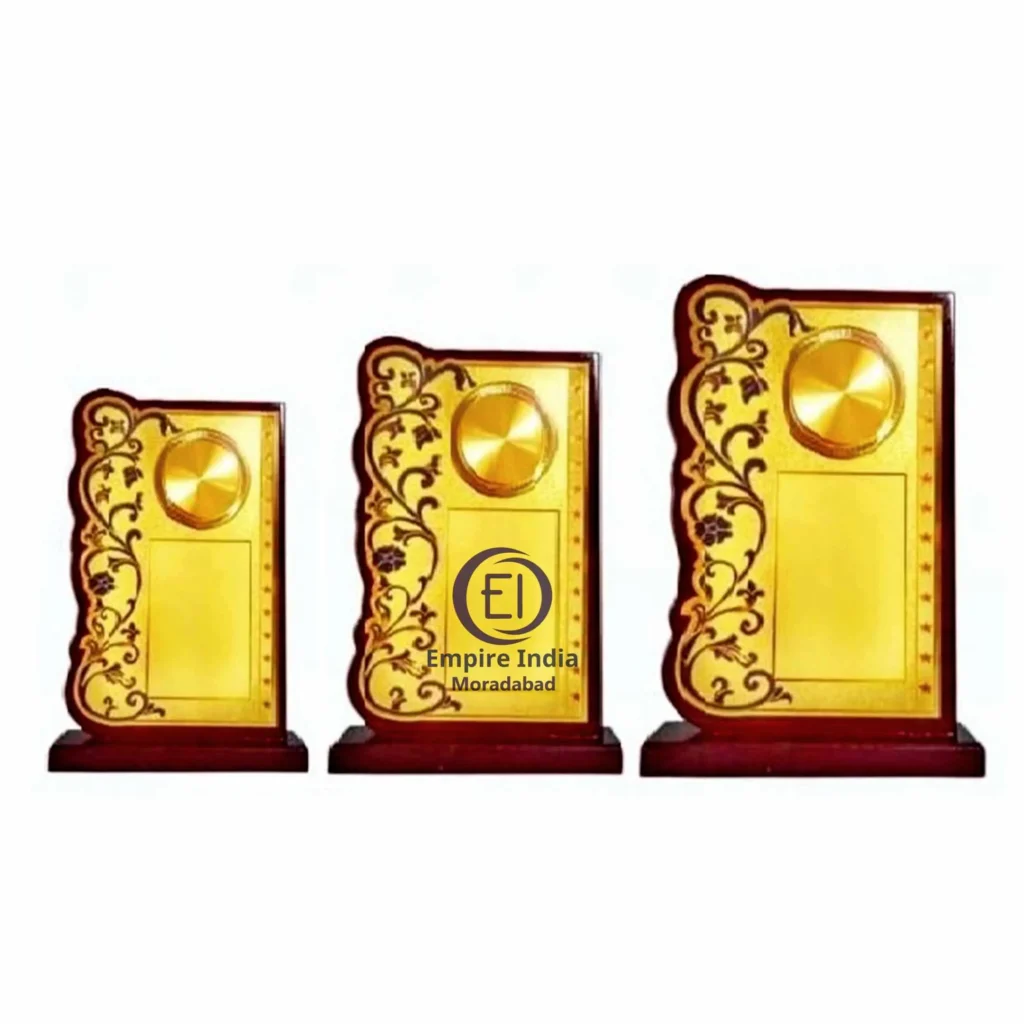 Floral Curve Edge Trophy Set of 3 Premium Gold Plaque on Wooden Base Empire India Moradabad