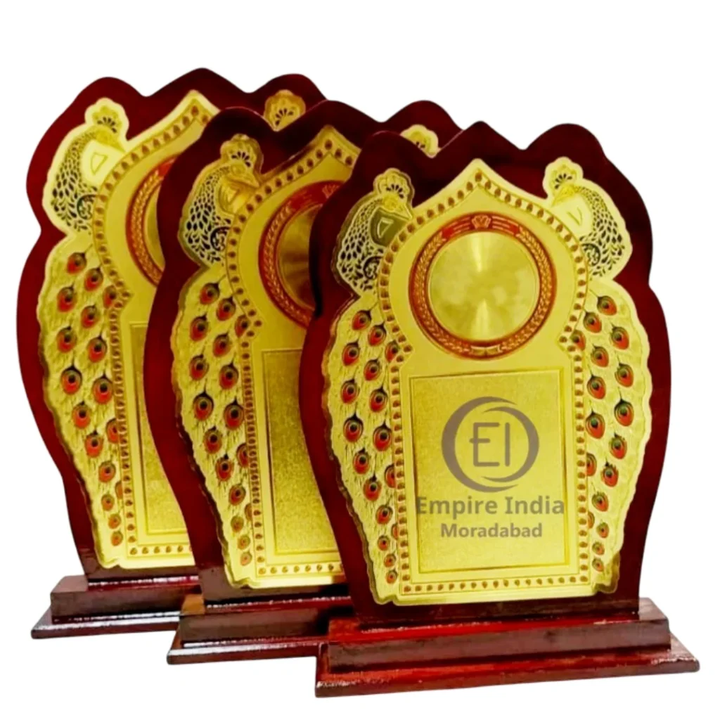 Peacock Feather Design Trophy Set of 3 MDF Gold Foil Wooden Memento Empire India Moradabad