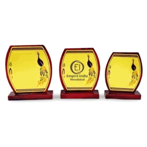 Curved Peacock Design Trophy Set of 3 | MDF Gold Foil Wooden Memento – Empire India | Manufacturer, Exporter & Supplier – Moradabad