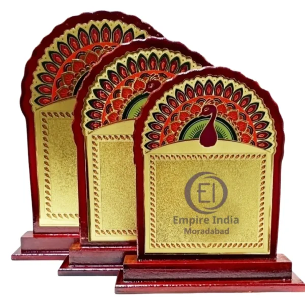 Peacock Feather Arch Trophy Set of 3 | Golden Foil on Wooden MDF Base – Empire India | Manufacturer, Exporter & Supplier – Moradabad