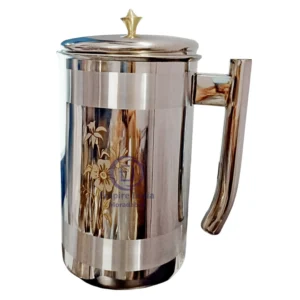 Stainless Steel Water Jug with Brass Knob & Floral Engraving | Empire India, Moradabad