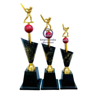 Metal Cricket Trophy Set with Stylish Angled Cone Design – Red Ball Accent on Wooden MDF Base | Empire India – Manufacturer & Exporter | Moradabad