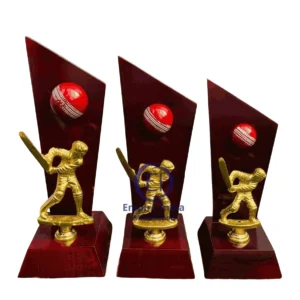 Cricket Trophy Set with Red Ball & Wooden Triangular Panel | MDF Base with Gold Metal Batsman | Empire India | Moradabad