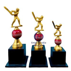 Cricket Theme Metal Trophy Set | Golden Batsman Figurine on Red Ball with Wooden MDF Base | Empire India