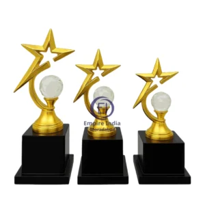 Golden Star Metal Trophy with Crystal Ball & Wooden MDF Base | Set of 3 | Empire India – Moradabad