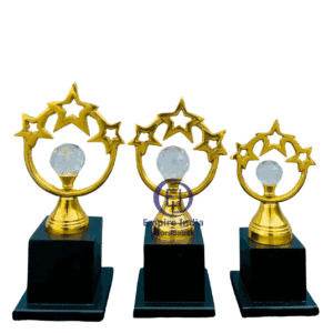 Triple Star Ring Metal Trophy with Crystal Ball & MDF Base | Set of 3 | Empire India – Moradabad