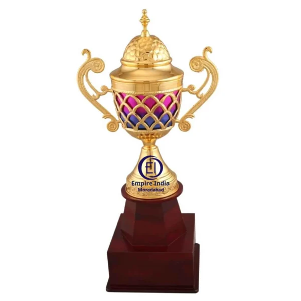 Golden Multicolor Mesh Cup Trophy | Designer Handles | Wooden Base | Empire India – Moradabad