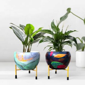 Set of 2 Colorful Round Iron Pot Planters with Yellow Stands | Indoor Decorative Plant Pots | Empire India – Moradabad