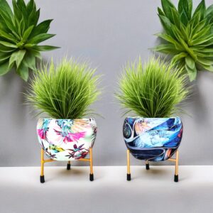 Set of 2 Designer Iron Pot Planters with Tropical & Abstract Prints | Indoor Decorative Plant Pots with Yellow Stands | Empire India – Moradabad