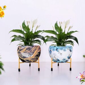 Set of 2 Artistic Iron Pot Planters with Elegant Printed Designs | Indoor Decorative Plant Holders with Yellow Stand | Empire India – Moradabad