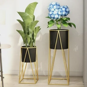 Geometric Black Iron Planter Set with Golden Stand | Modern Indoor Plant Pots | Empire India – Moradabad