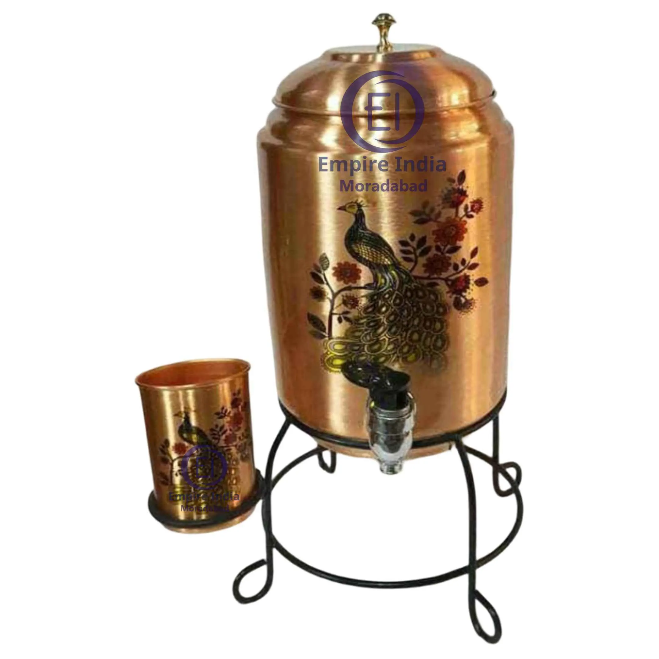 Printed Peacock Design Copper Water Dispenser | Ayurvedic Storage Pot | Empire India – Moradabad