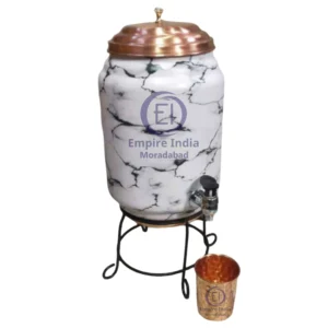 Meena Finish Copper Water Dispenser with Stand & Glass | Marble Look with Brass Knob | Empire India – Moradabad