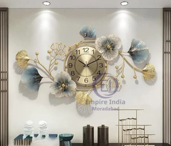 Luxury Metal Wall Clock with Floral Art Design | Golden Finish Wall Art | Wall Décor | Empire India – Moradabad