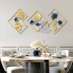 3-Piece Metal Wall Art Set | Diamond Frames with Gold & Blue Floral Design | Wall Décor | Empire India – Moradabad