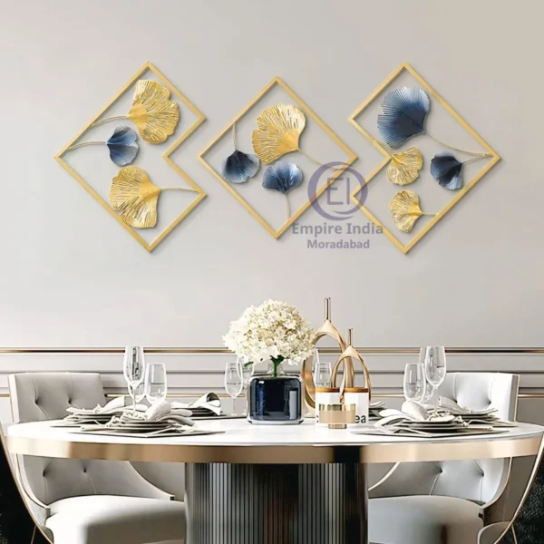 3-Piece Metal Wall Art Set | Diamond Frames with Gold & Blue Floral Design | Wall Décor | Empire India – Moradabad