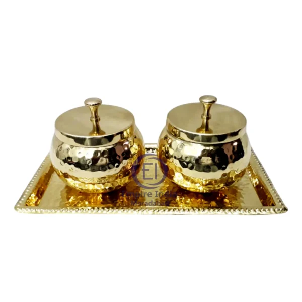 Hammered Iron Pot Set with Tray – Golden Finish Spice/Condiment Server | Empire India