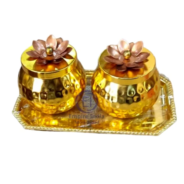 Decorative Golden Hammered Pot Set with Lotus Lid & Tray | Empire India