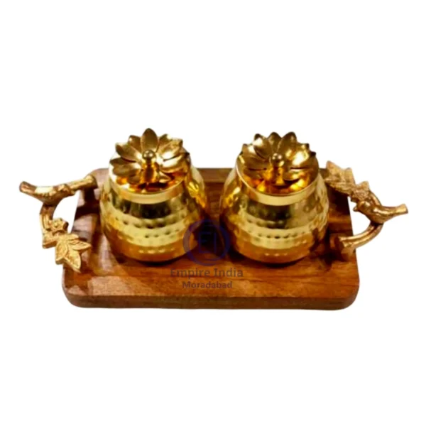 Hammered Golden Pot Set with Wooden Tray & Floral Lid | Empire India