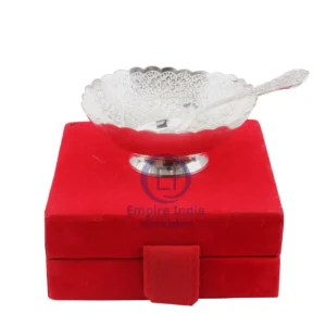 Silver-Plated Bowl with Spoon in Red Velvet Box | Empire India