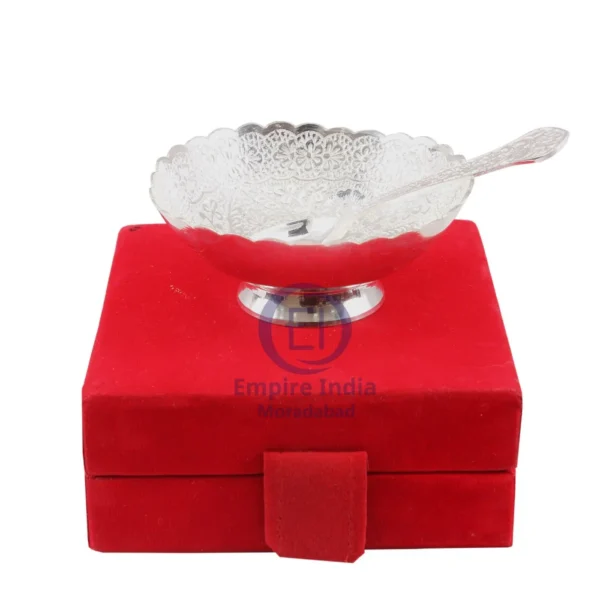 Silver-Plated Bowl with Spoon in Red Velvet Box | Empire India