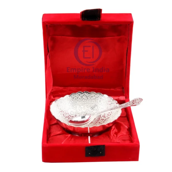 Silver-Plated Bowl with Spoon in Red Velvet Box | Empire India - Image 2