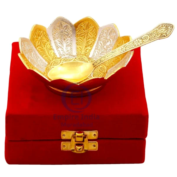 Gold-Plated Bowl with Spoon in Red Velvet Box | Empire India