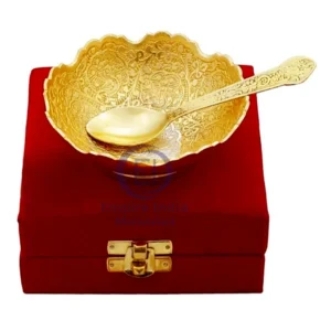 Floral Engraved Gold-Plated Bowl with Spoon in Velvet Box | Empire India