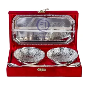 Silver-Plated Bowl, Spoon & Tray Set in Velvet Box | Empire India