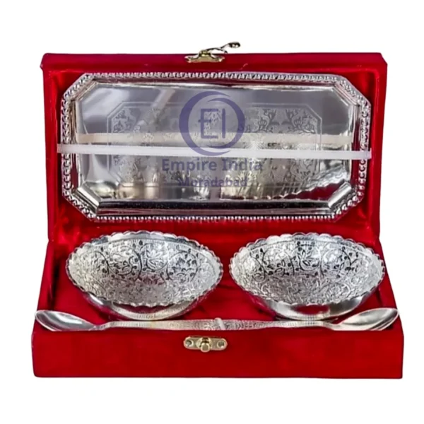Silver-Plated Bowl, Spoon & Tray Set in Velvet Box | Empire India