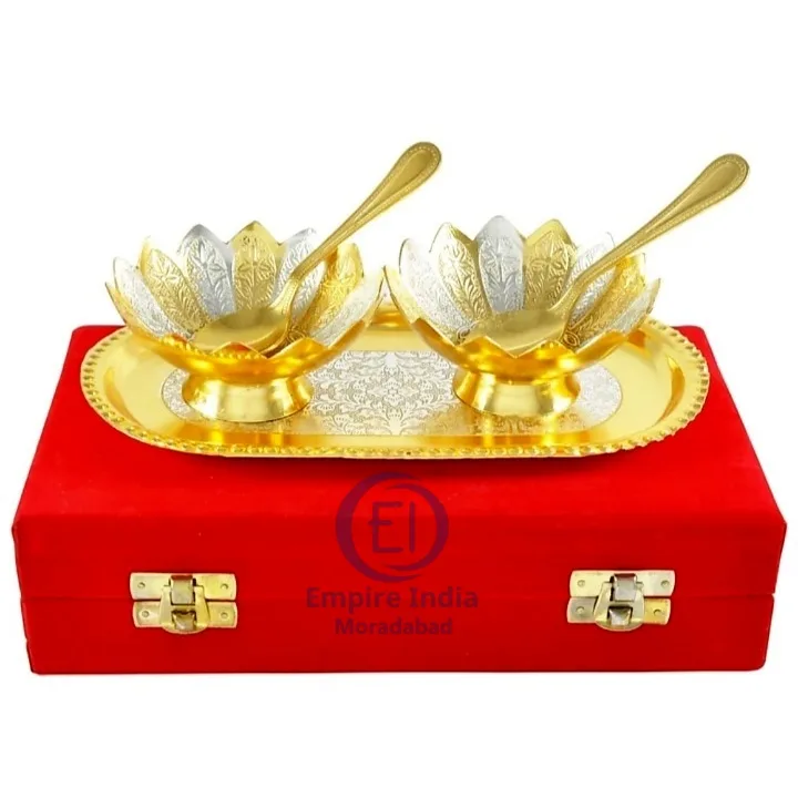 Gold-Plated Lotus Bowl, Spoon & Tray Gift Set | Empire India