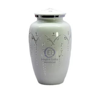 Elegant White Aluminum Cremation Urn – Meena Coated | Handcrafted by Empire India