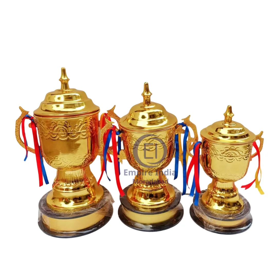 Gold Trophy Cup Set – Premium Metal Awards with Ornate Design & Ribbon Accents | Empire India – Manufacturer | Exporter | Supplier - Moradabad, India